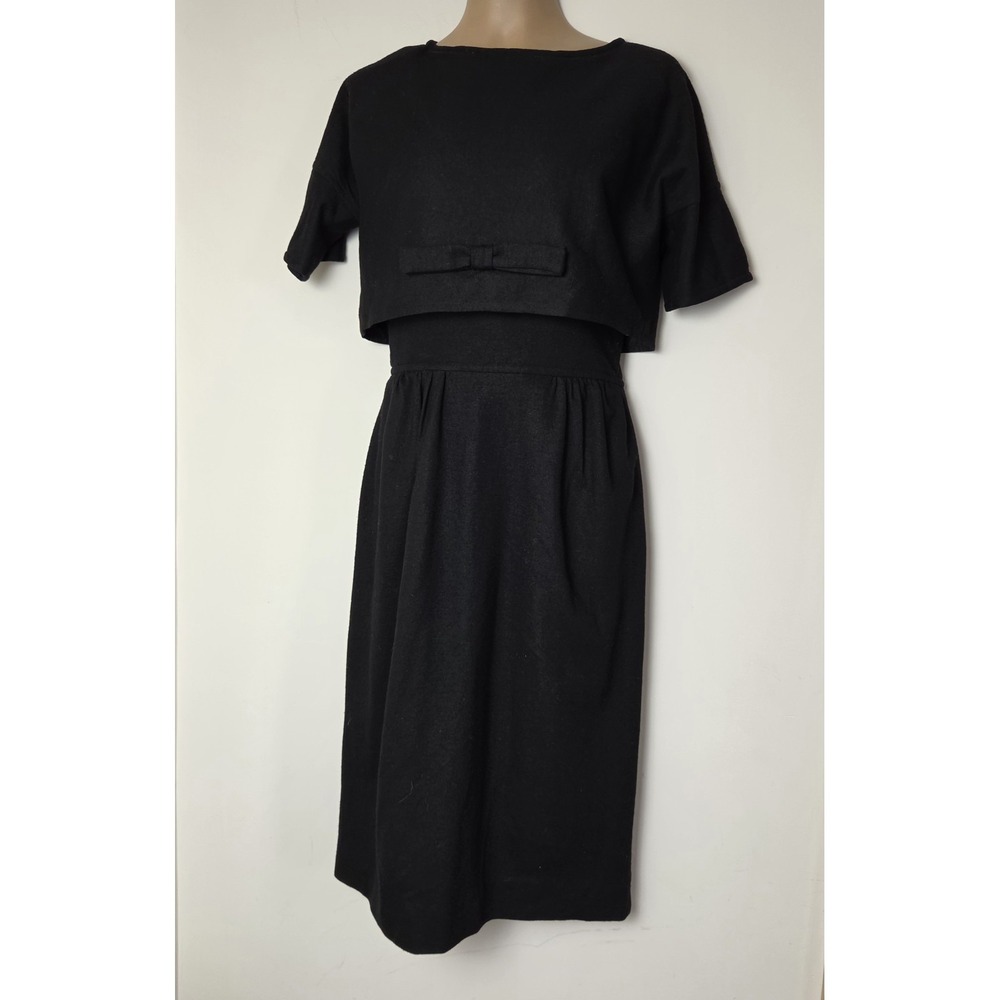 1960s Black Wool Dress Short‎ Sleeve Cropped Bodice Bow Vintage Size 15 - Small